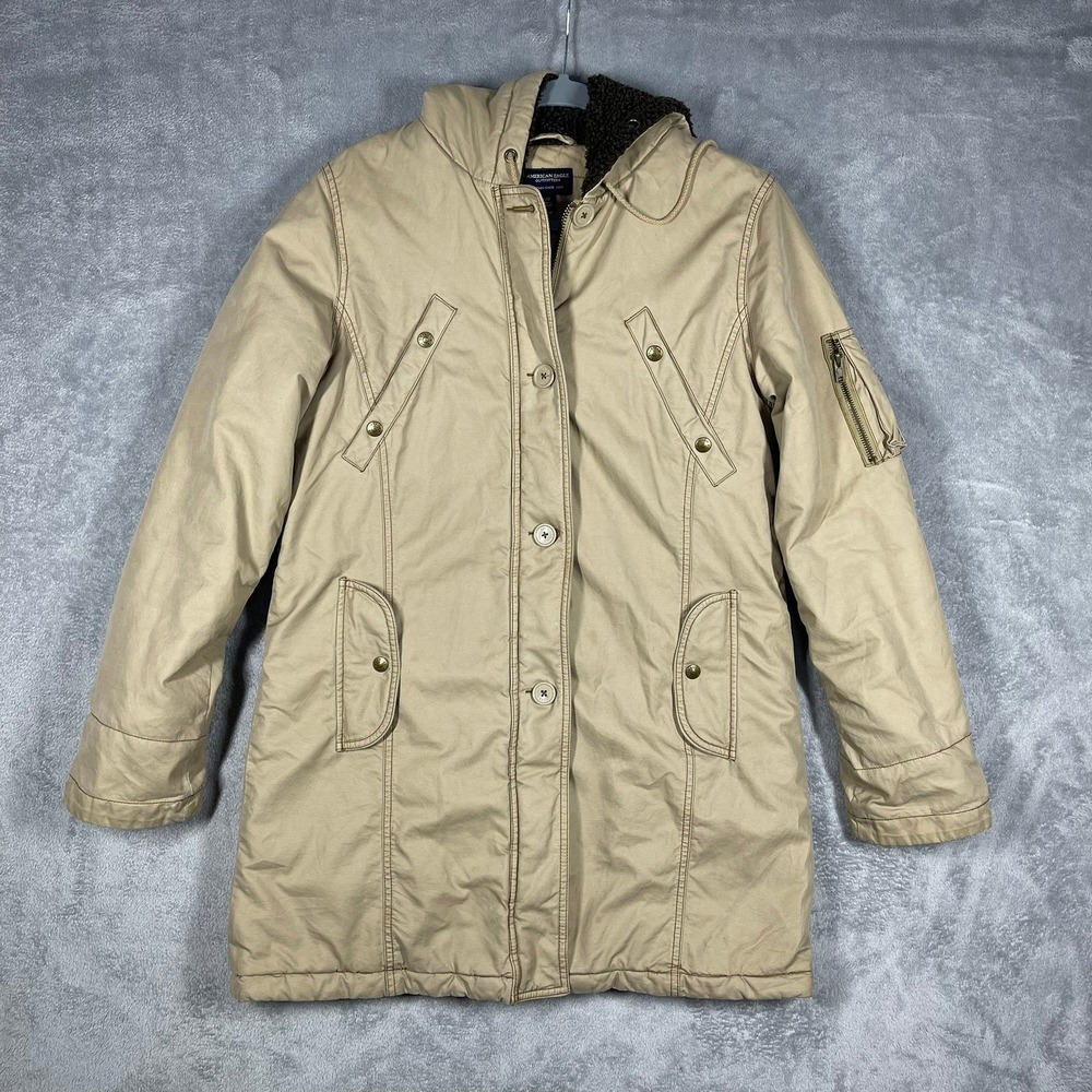 American Eagle Womens L Parka Jacket Tan Hood Military Utility Insulated READ